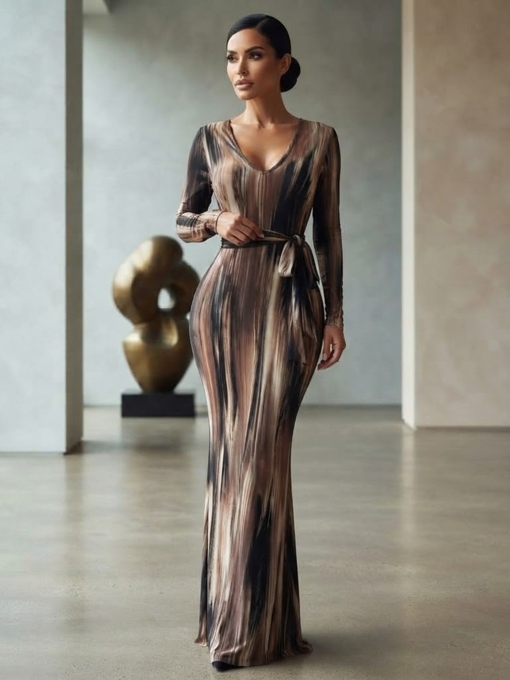 Fashion Nova Brown & Black Streaked Long-Sleeve V‑Neck Maxi Dress